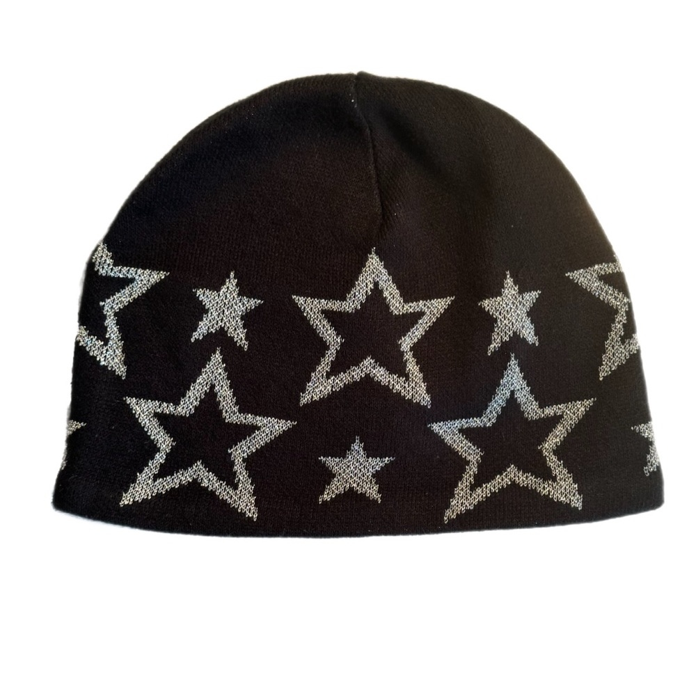 H&M Black & Silver Stars Fleece Beanie Hat Size 7-10Y